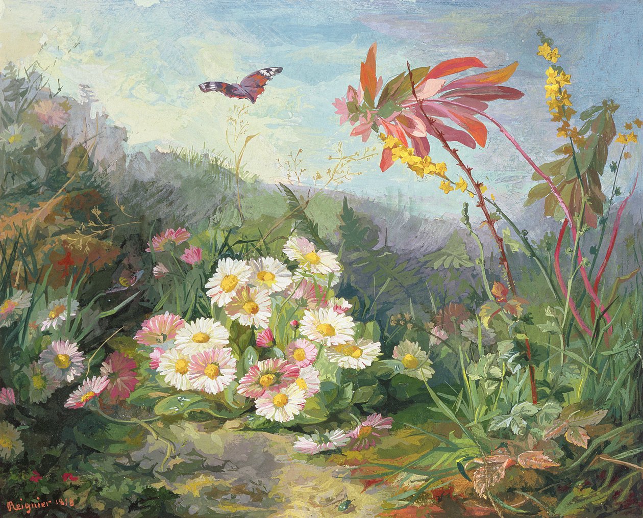 Vilda blommor och fjäril, 1858 (wc och gouache på kartong) av Jean Marie Reignier