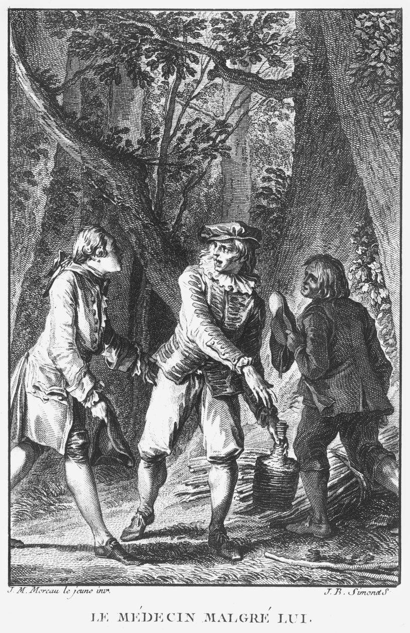 Illustration från "The Doctor in spite of Himself" (1666) av Jean-Baptiste Poquelin känd som Moliere (1622-1673) graverad av Jean Baptiste Simonet (1742-1813) av Jean Michel the Younger Moreau