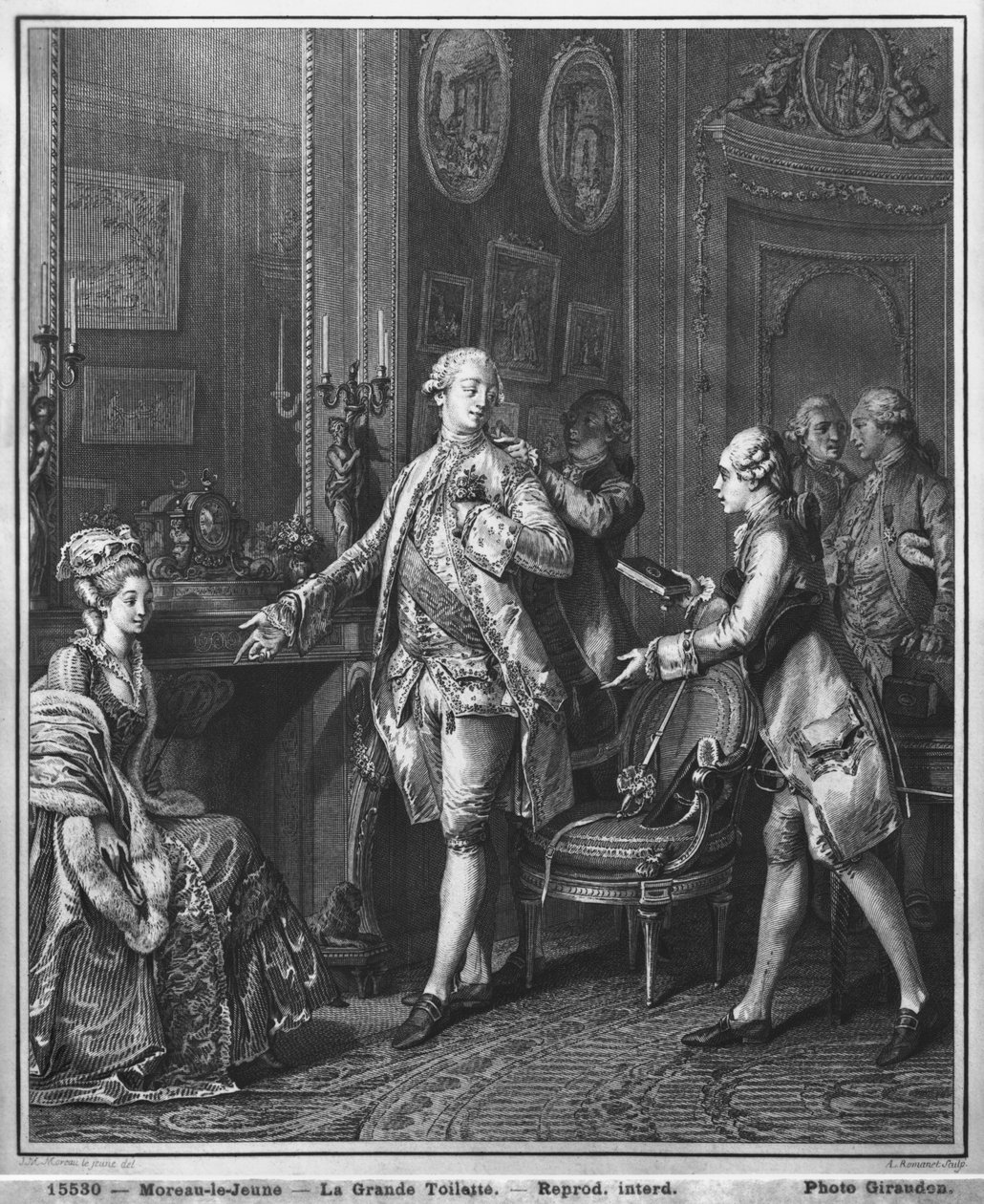 The Great Toilette, vaneina e Antoine Louis Romanet (1743-ina ua mavae le 1809) c.1777 swed av Jean Michel the Younger Moreau