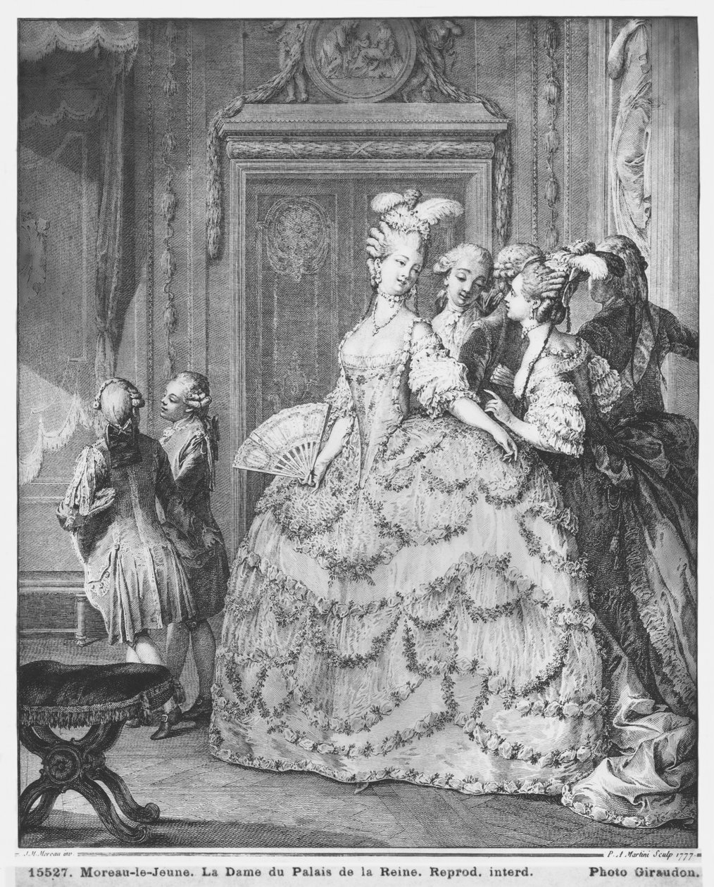 Damen i Palais de la Reine, graverad av Pietro Antonio Martini (1739-97) 1777 av Jean Michel the Younger Moreau