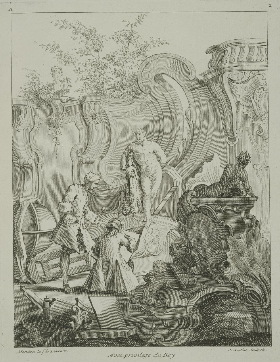 Hantverkare som arbetar med mönster, från "Rococo Ornament", graverad av Antoine Aveline (1691-1743), publicerad 1736-49. av Jean Mondon