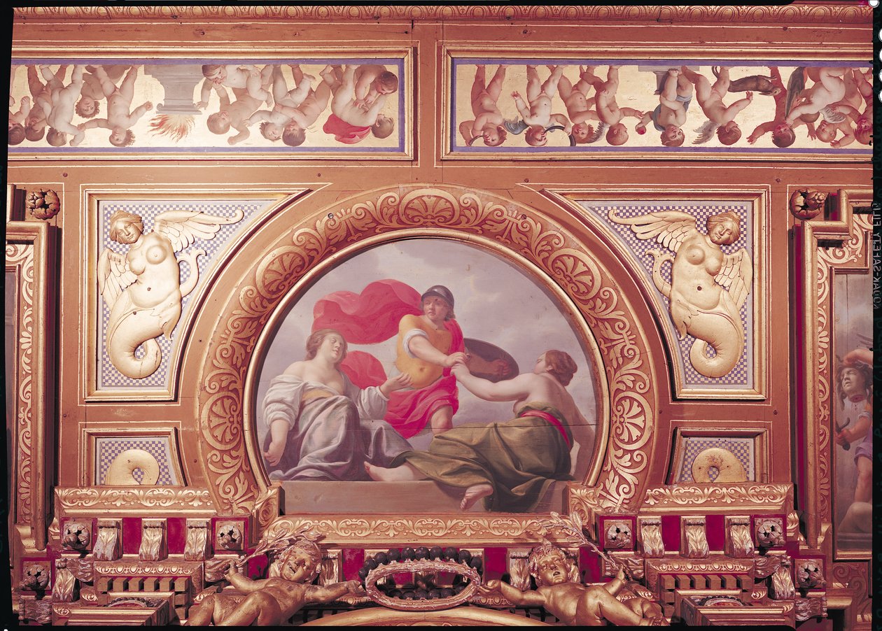Detalj av taket som visar en scen från berättelsen om Perseus, i Kings Bedroom, fresk ca 1634 av Jean Laurent Mosnier