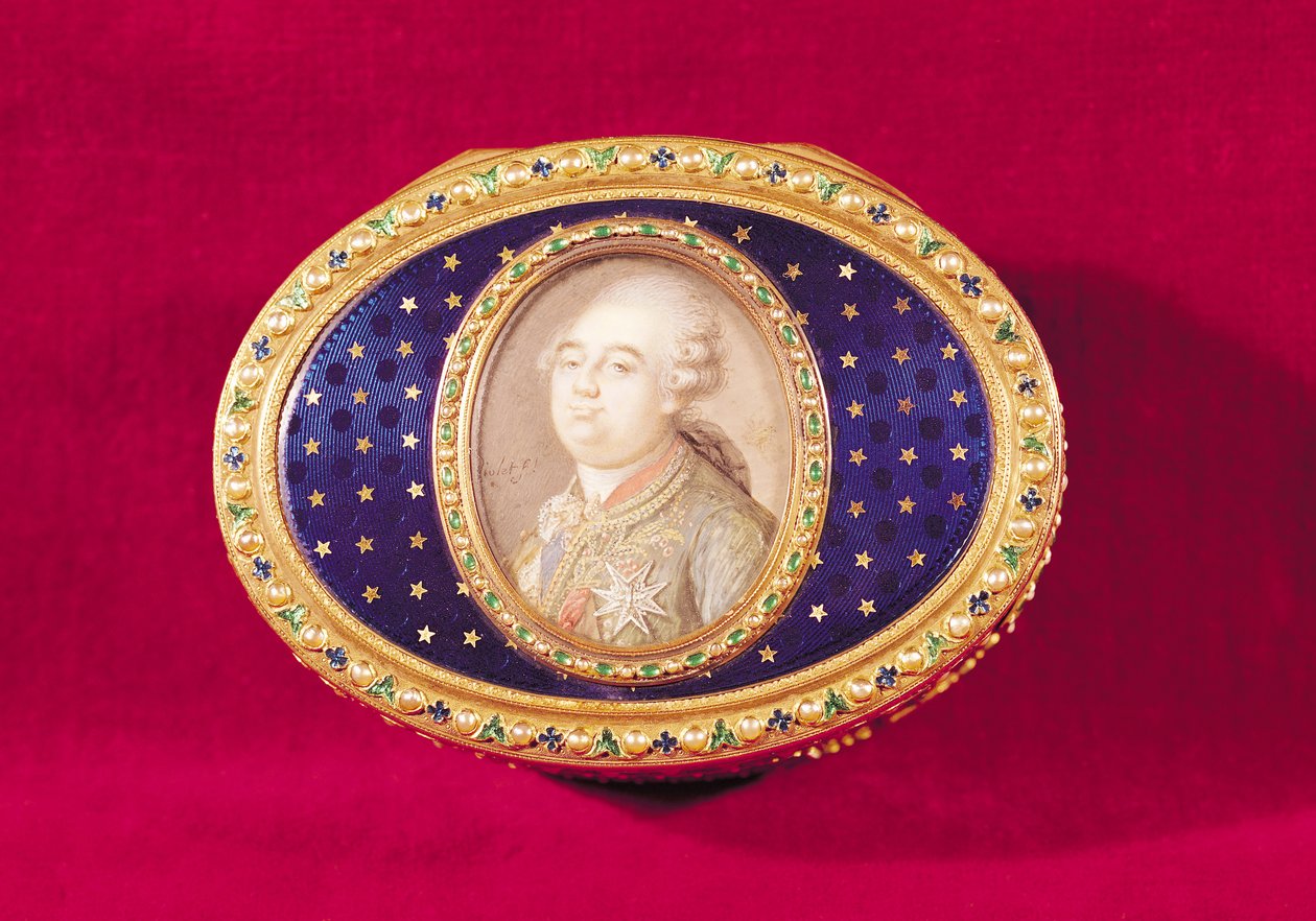 Snusdosa med en porträttminiatyr av Ludvig XVI (1754-93) på elfenben av Pierre Noel Violet (1749-1819) 1780 (guld, emalj, pärlor och smaragder) av Jean Nicolas Meuniere