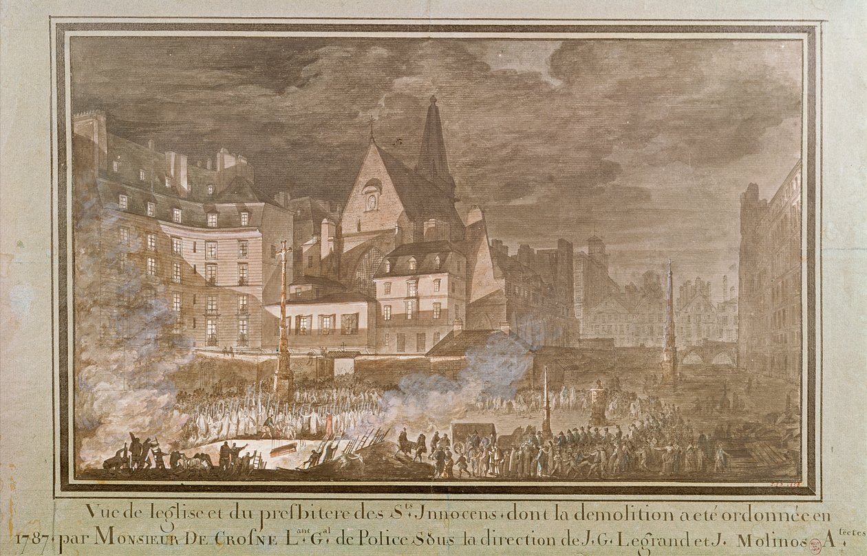 Utsikt över presbyteriet och Eglise des Saints-Innocents under rivning, 1787 av Jean Nicolas Sobre