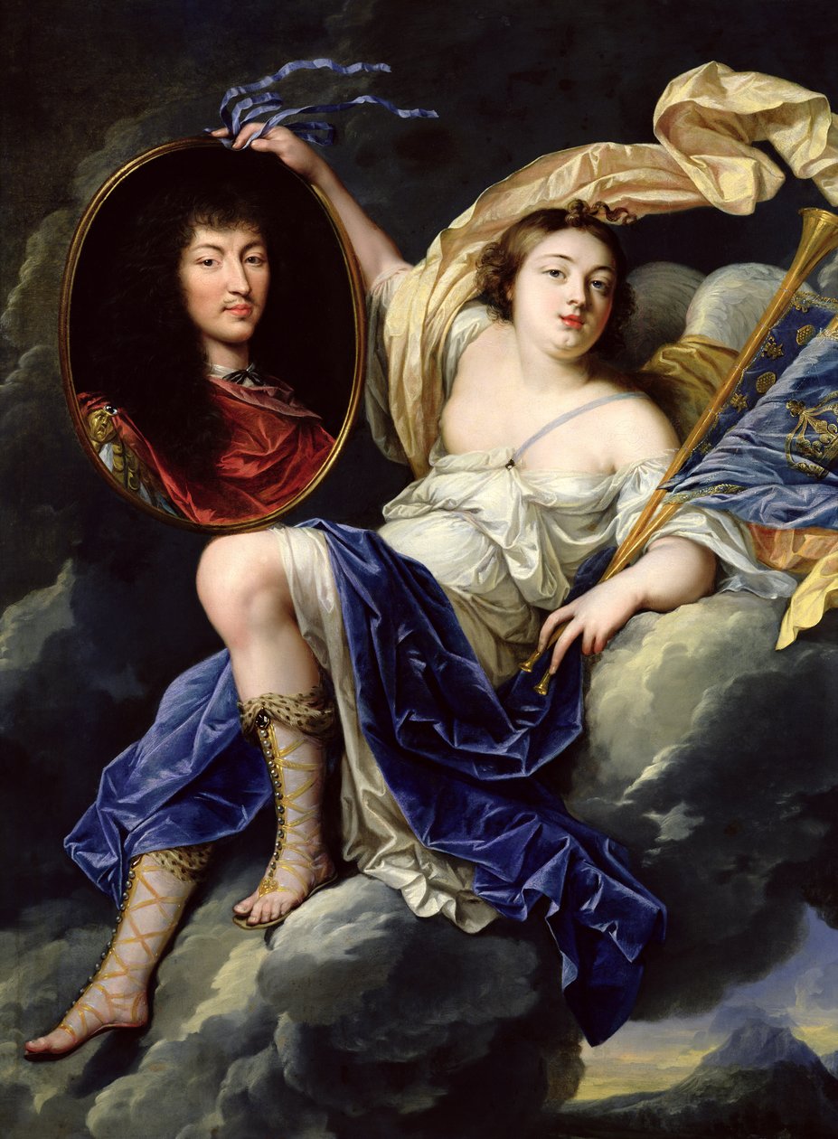 Berömmelse presenterar ett porträtt av Ludvig XIV (1638-1715) till Frankrike av Jean Nocret