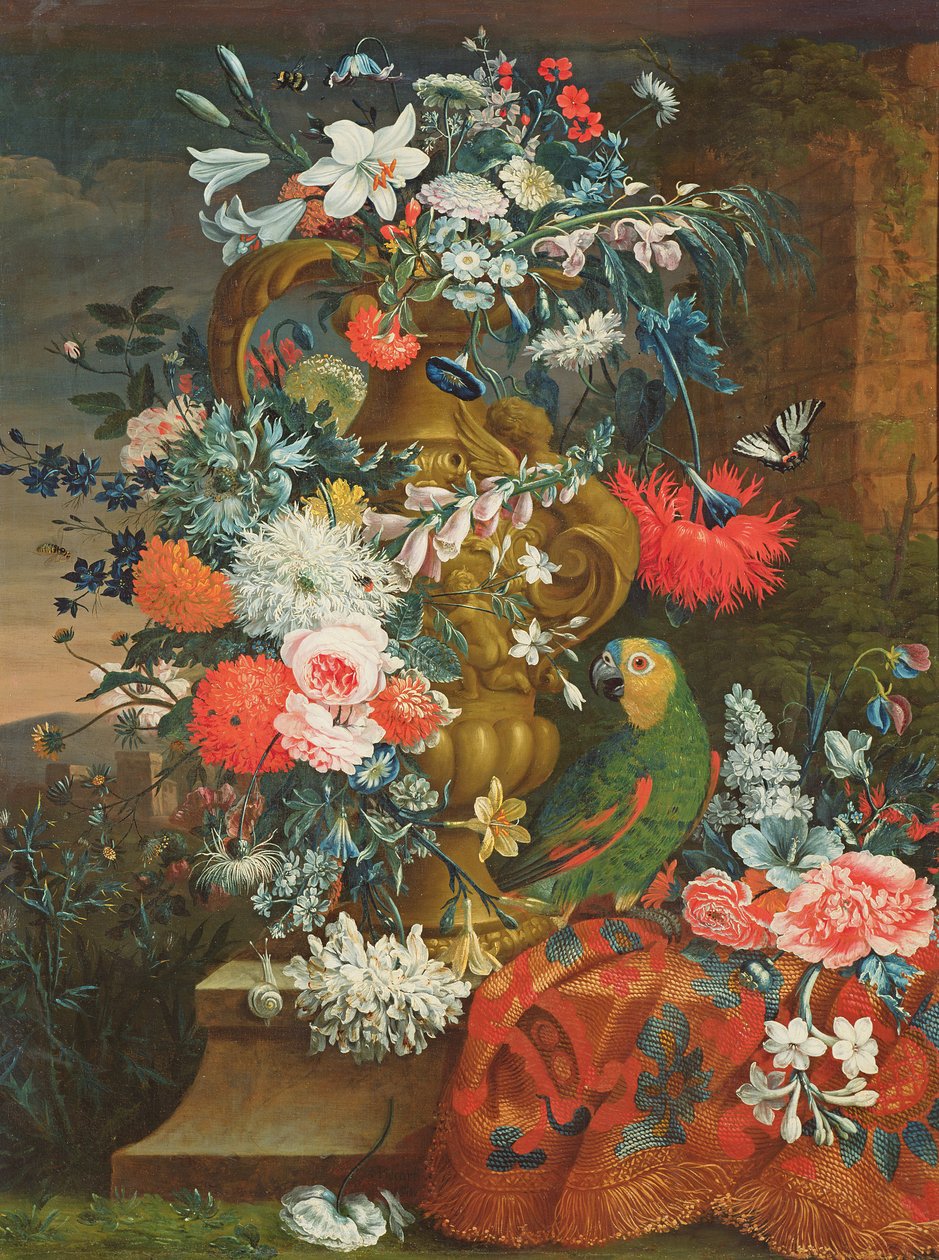Bukett blommor och en papegoja av Jean Picart