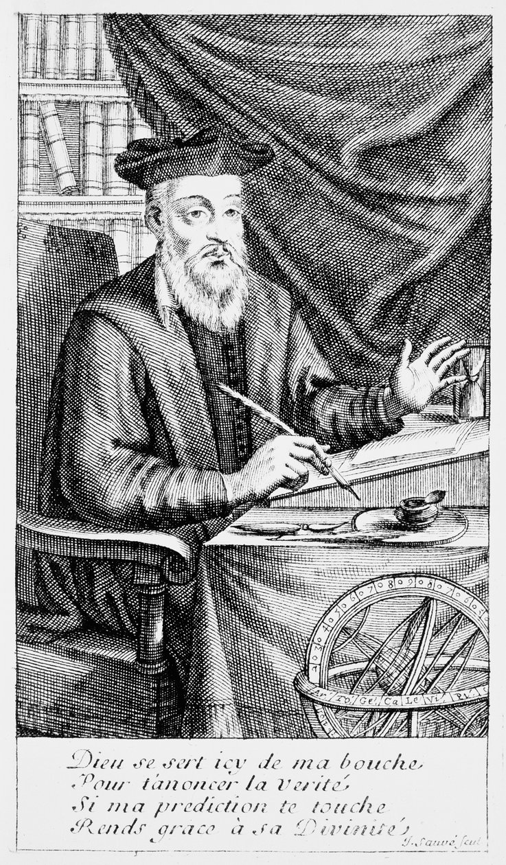 Nostradamus skriver sina profetior (bw gravyr) av Jean Sauvé