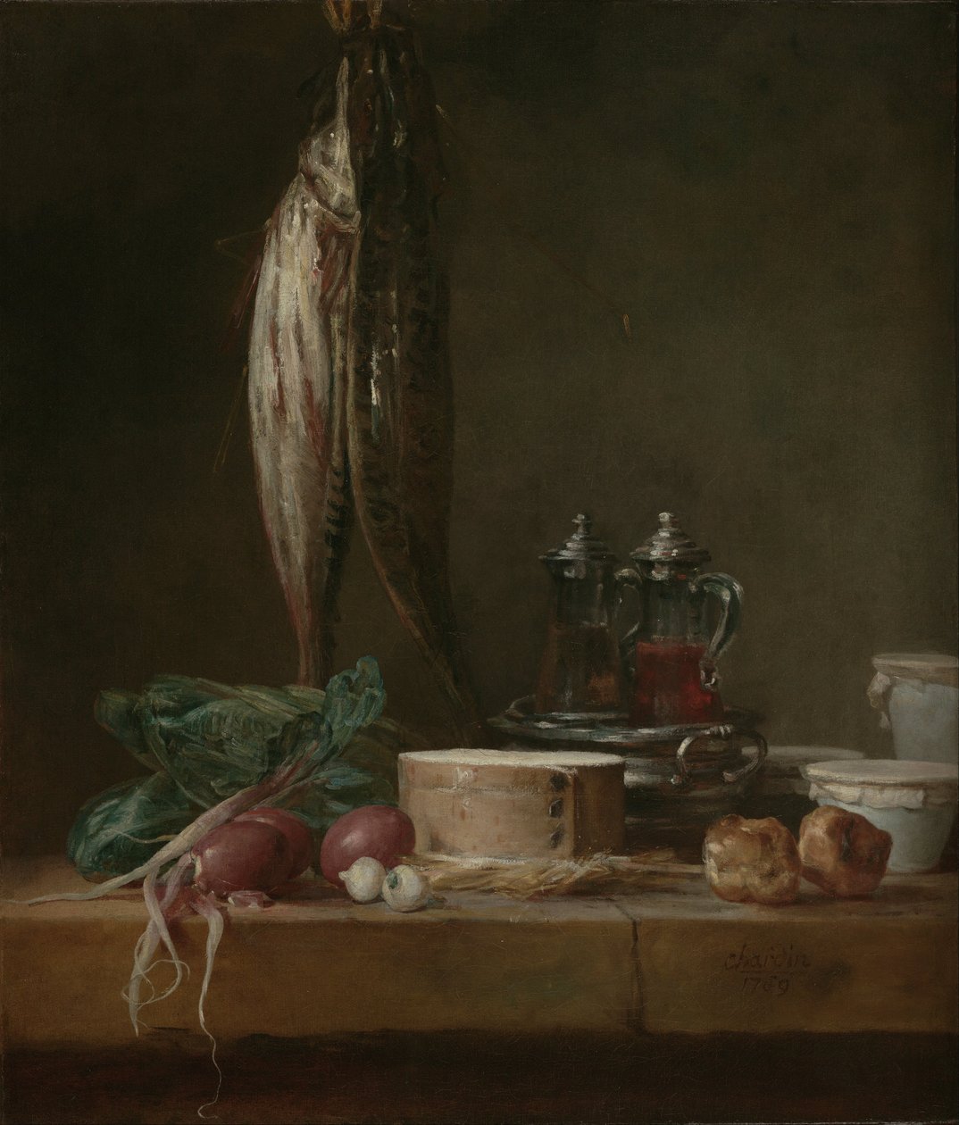 Stilleben med fisk, grönsaker, gougères, krukor och cruets på ett bord av Jean Baptiste Simeon Chardin