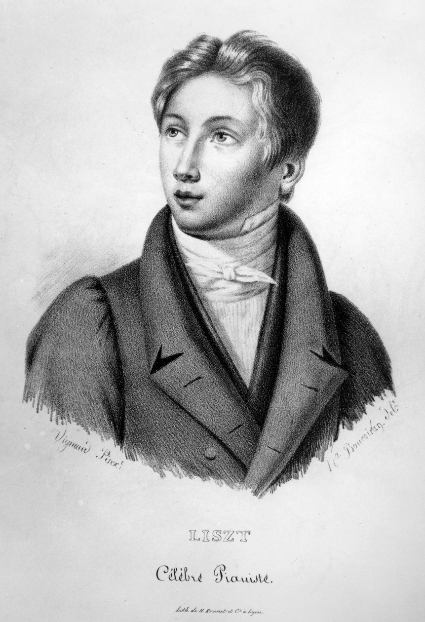 Porträtt av Franz Liszt (1811-86) som pojke, graverat av Numa Boucoiran (1805-69) av Jean Vignaud