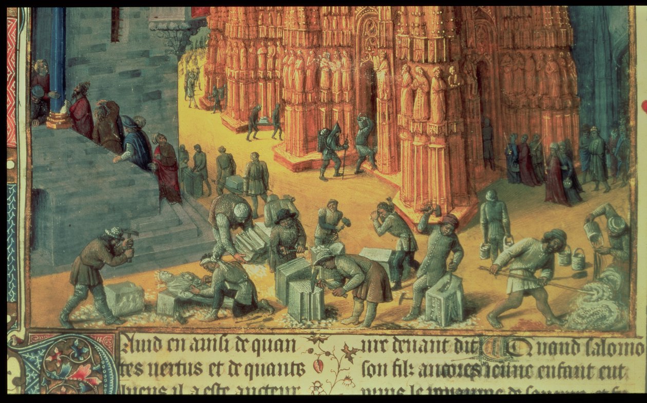 Fr 847 f.153 Byggandet av Jerusalems tempel, detalj som visar murare i arbete, illustration från "Antiquites Judaiques", ca 1470-76 av Jean Fouquet