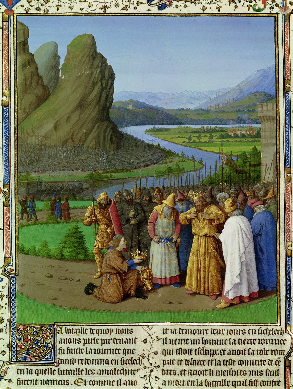 Ms Fr 247 fol.135 David lär sig om Sauls död, illustration från "Antiquites Judaiques", ca 1470 av Jean Fouquet