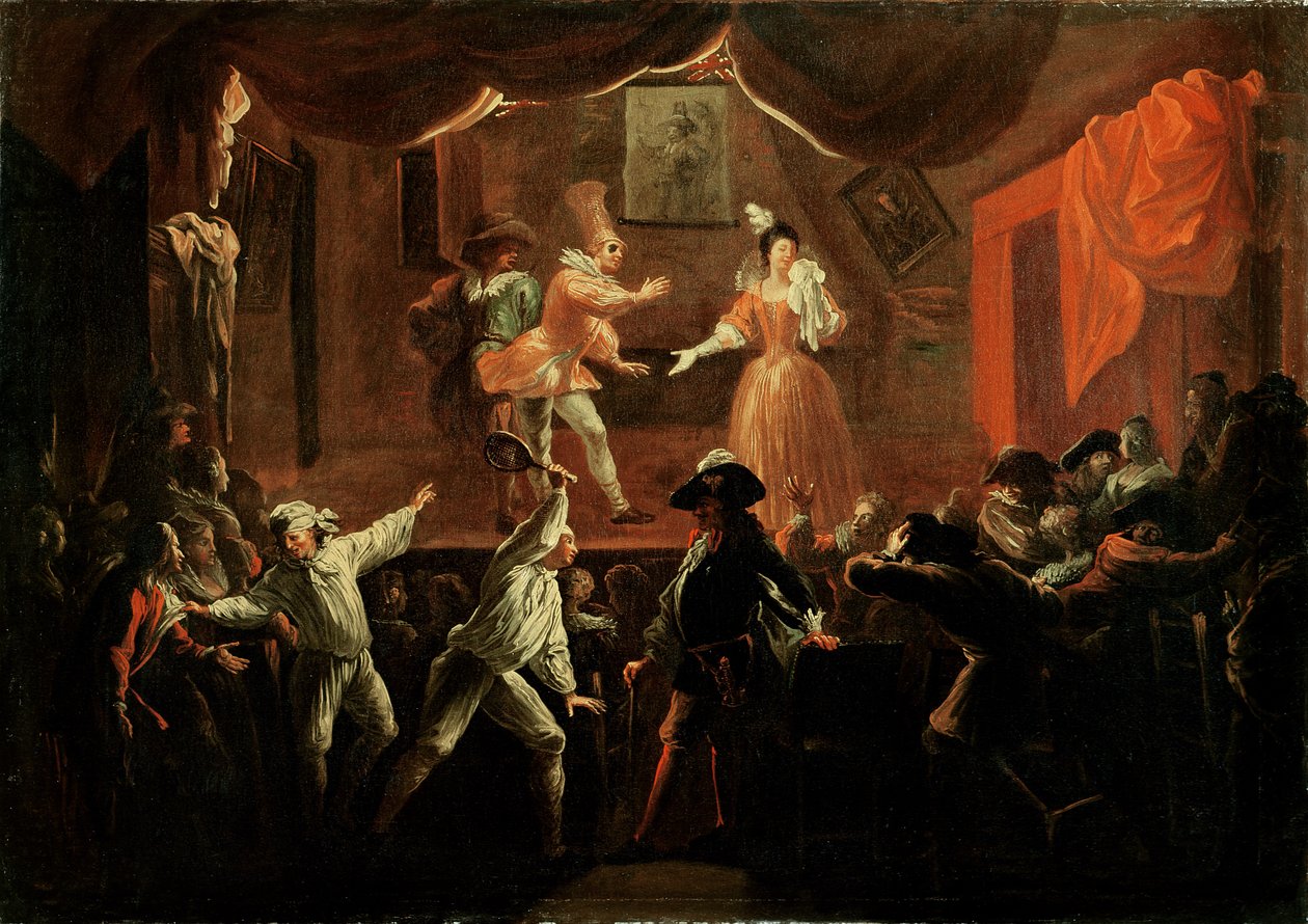 Scener från "Roman Comique" av Paul Scarron (1610-60) 1712-16 av Jean de Coulom