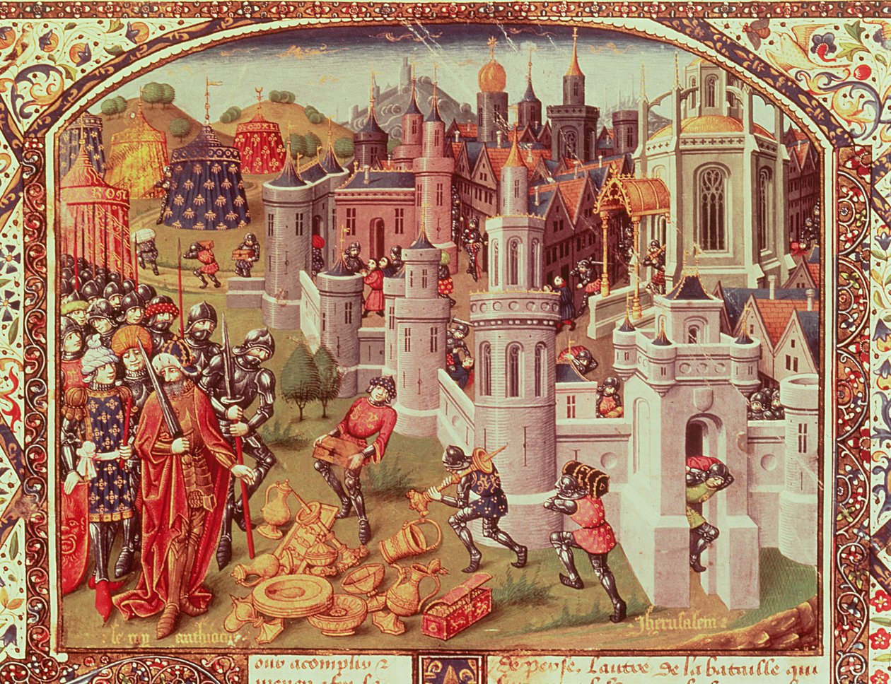 Fr.20124 f.331 Plundringen av Jerusalem efter de kristnas erövring 1099, illuminerad miniatyr från en universell krönika, 1440 av Jean de Courcy