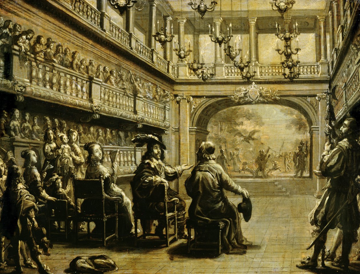 Ludvig XIII (1601-43) Anne av Österrike (1601-66) och kardinal Richelieu (1585-1642) vid uppsättningen av 