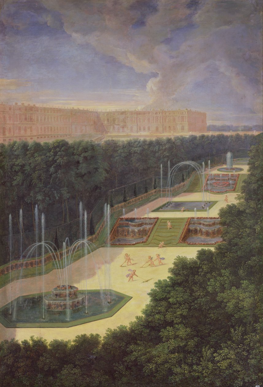 The Groves of Versailles, Perspektivvy av de tre fontänerna med keruber som krattar och vattnar, 1688 av Jean the Younger Cotelle