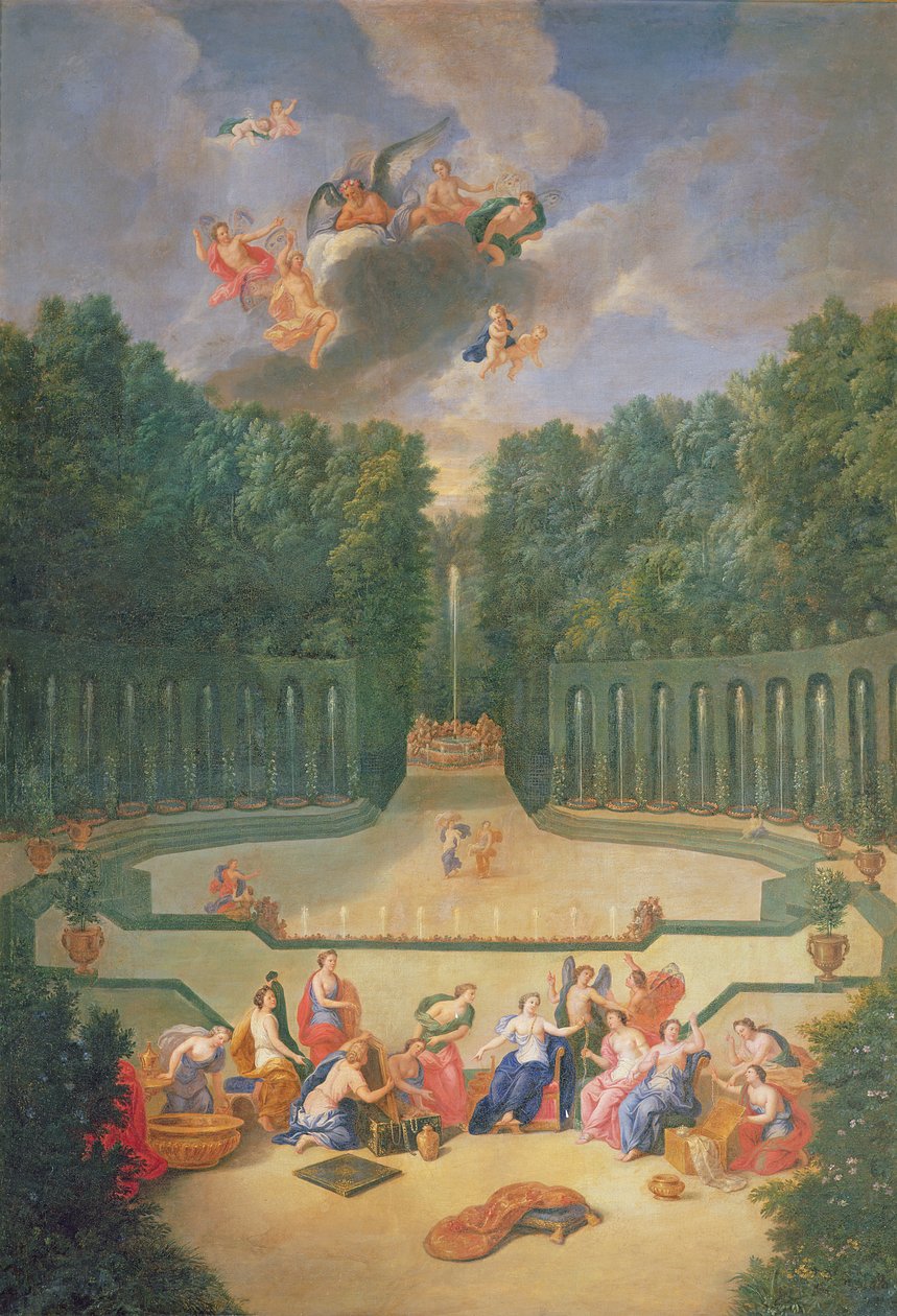 Groves of Versailles. Udsigt over Amfiteatret og Vandteatret med Venus omgivet af timerne i nærværelse af Uranus swed av Jean the Younger Cotelle