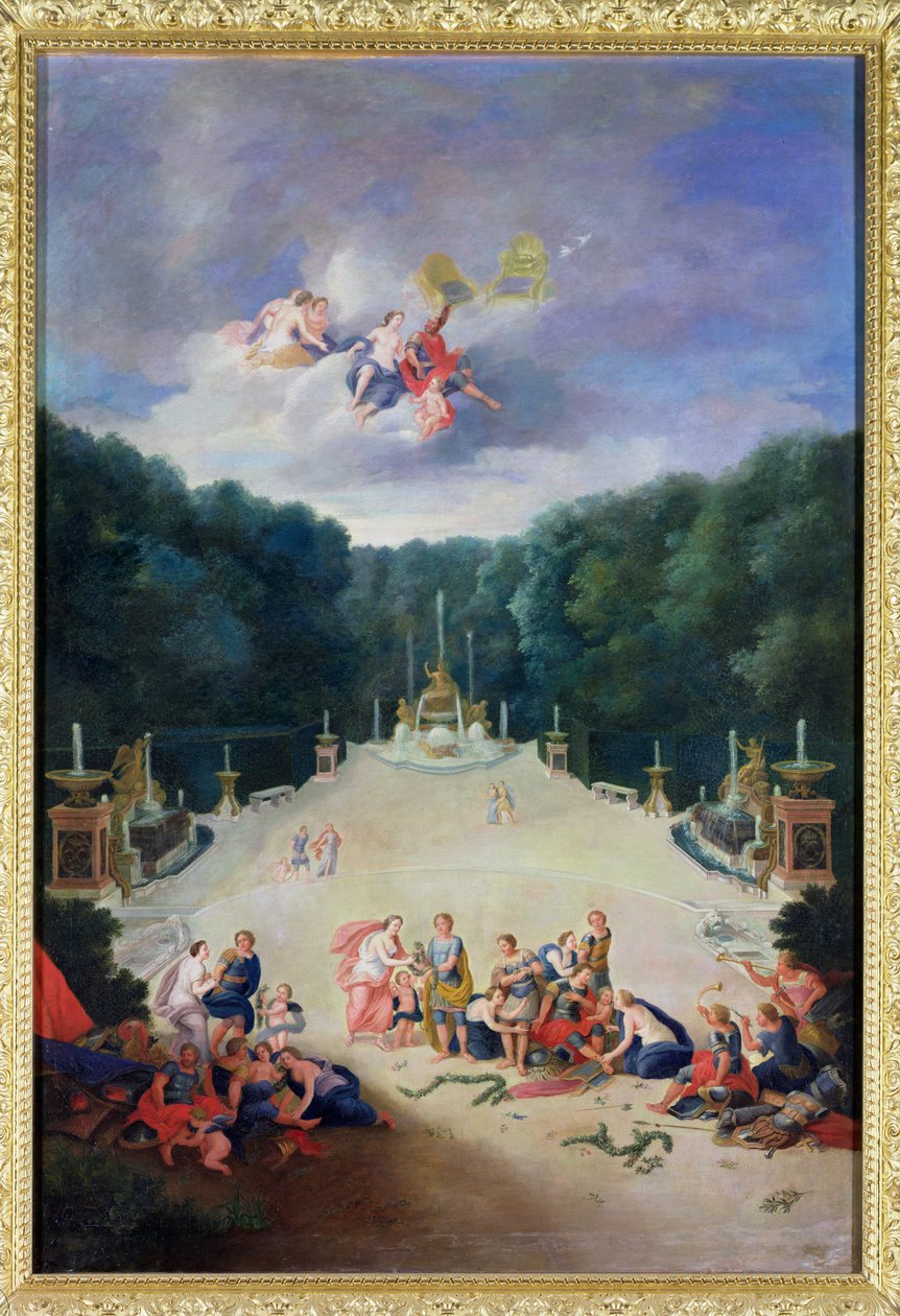 Versailles lundar. Vy över Triumfbågen och det triumferande Frankrike med nymfer som kedjar fångarna framför Venus och Mars, 1688. av Jean the Younger Cotelle