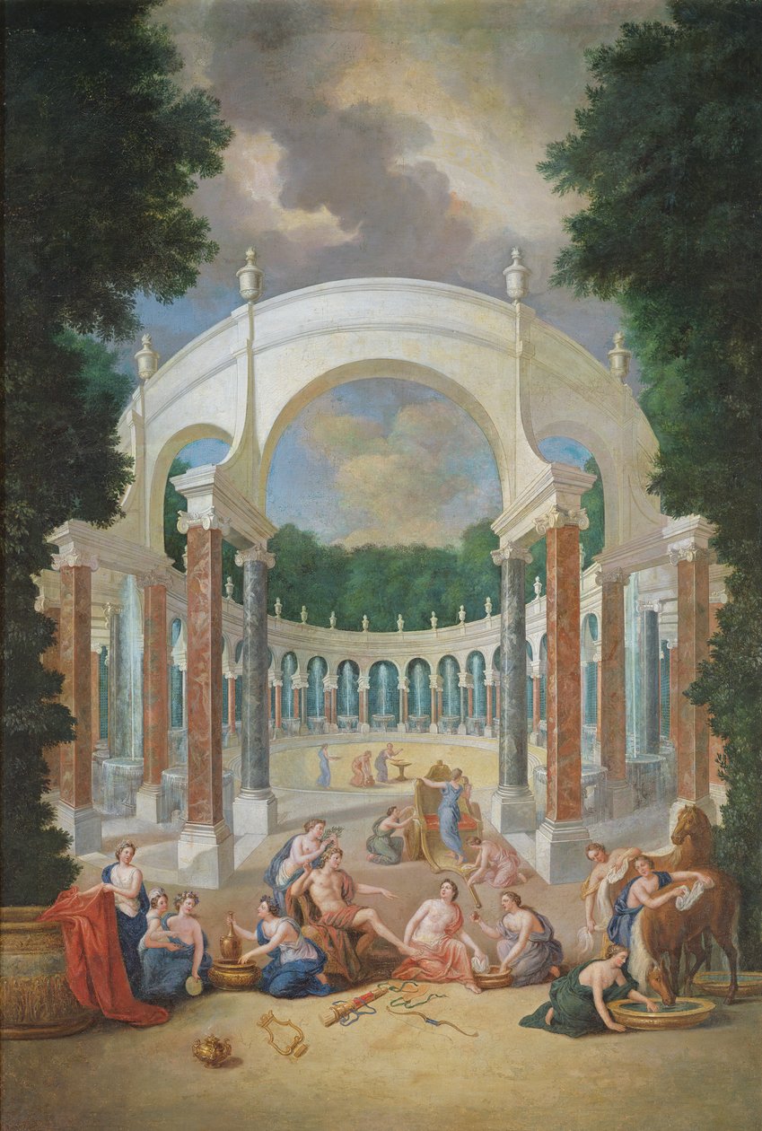 Groves of Versailles. Utsikt över pelargången med Apollon och nymferna av Jean the Younger Cotelle