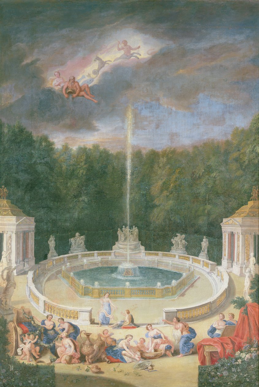 Groves of Versailles. Utsikt över kupollunden med nymfer som dekorerar Apollons vagn med blommor av Jean the Younger Cotelle