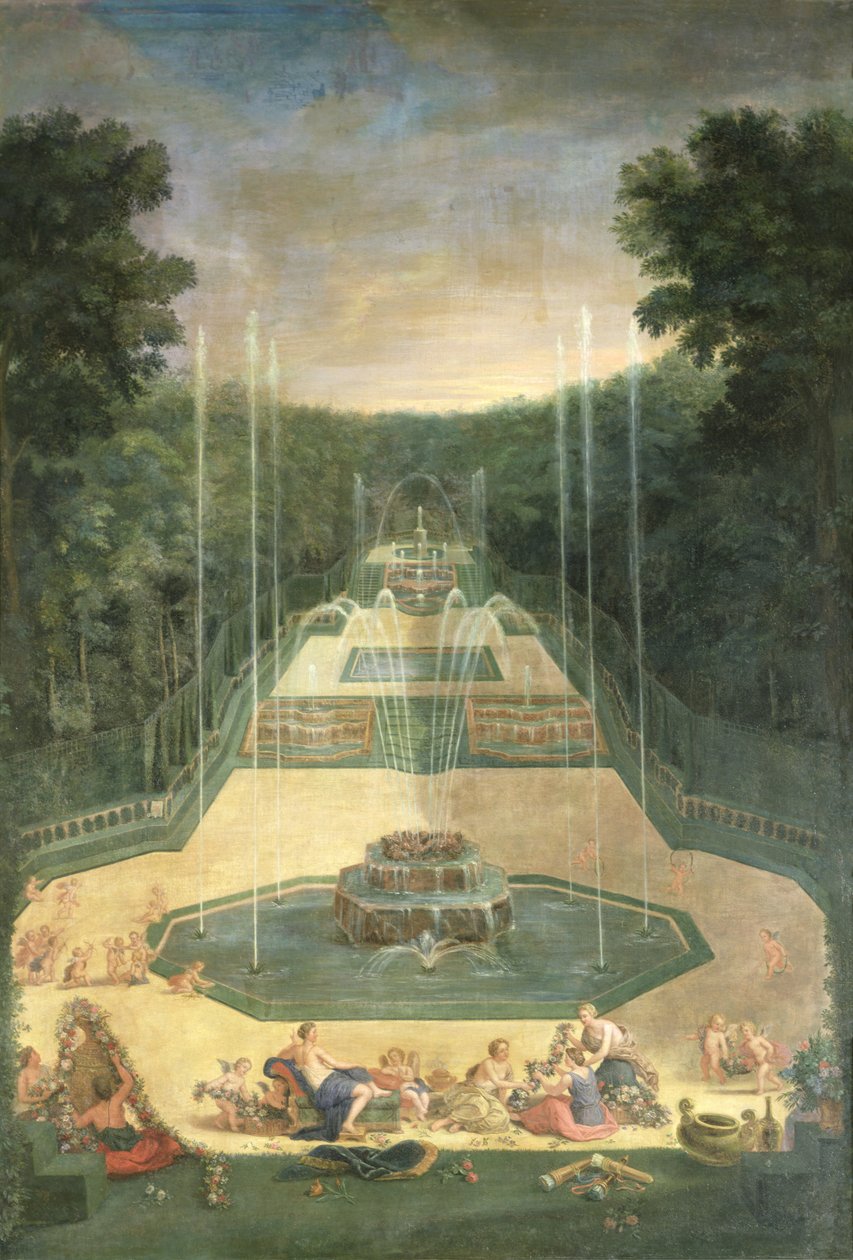 Groves of Versailles. Utsikt över de tre fontänerna med Venus och keruber som tränar med pilbågar och pilar, 1688 av Jean the Younger Cotelle