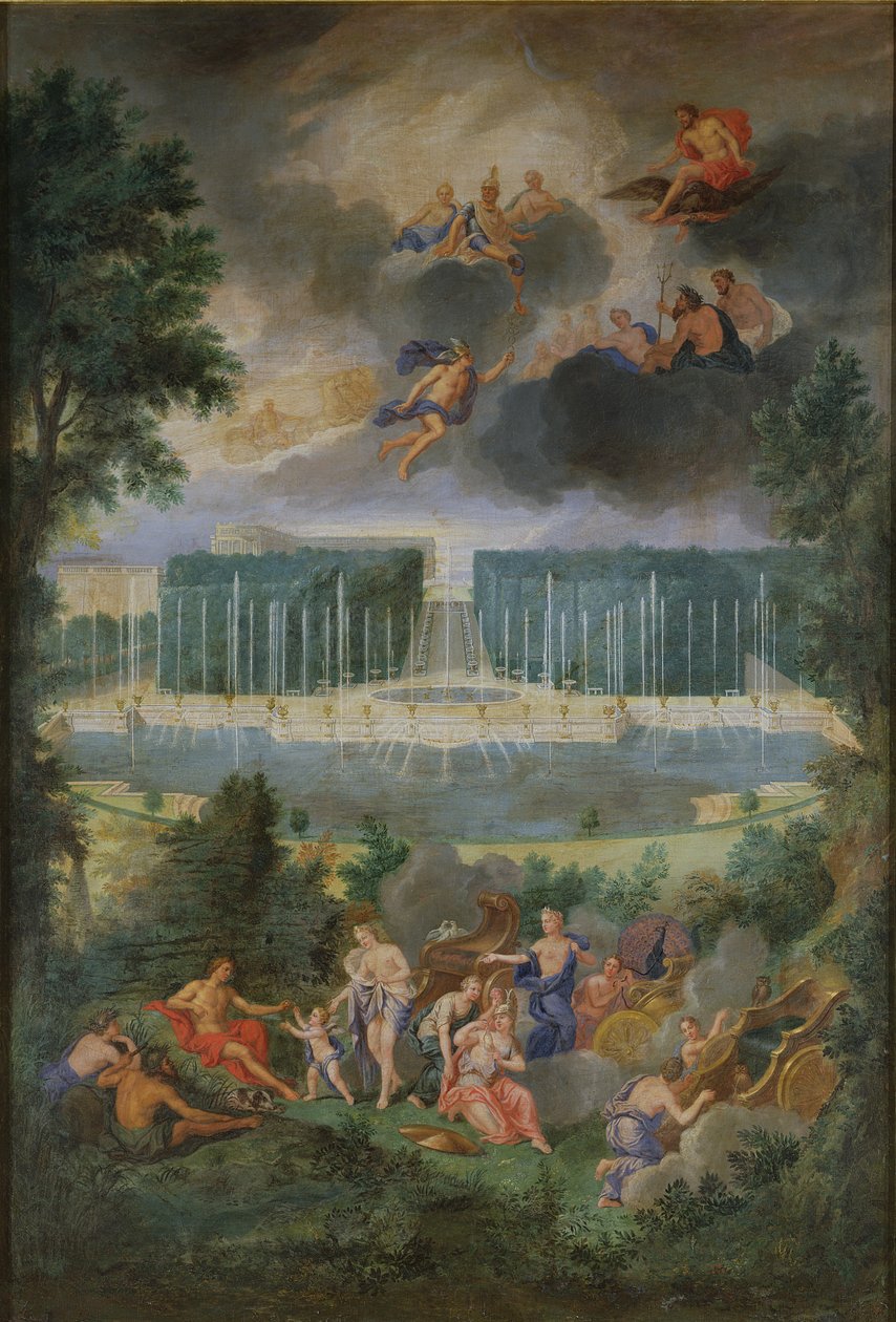 Versailles lundar. Utsikt över Neptunus bassäng och gångvägen med domen i Paris. av Jean the Younger Cotelle