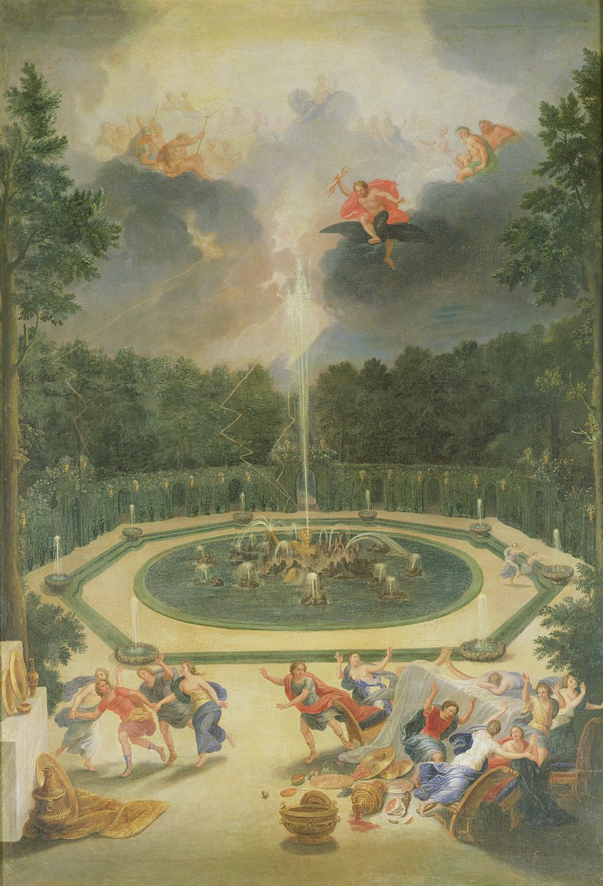 Vichaka vya Versailles. Mtazamo wa Chemchemi ya Enceladus pamoja na Sikukuu ya Likaoni swed av Jean the Younger Cotelle