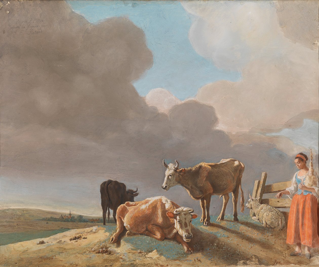 Landschap met koeien, schapen en herderin av Jean Étienne Liotard