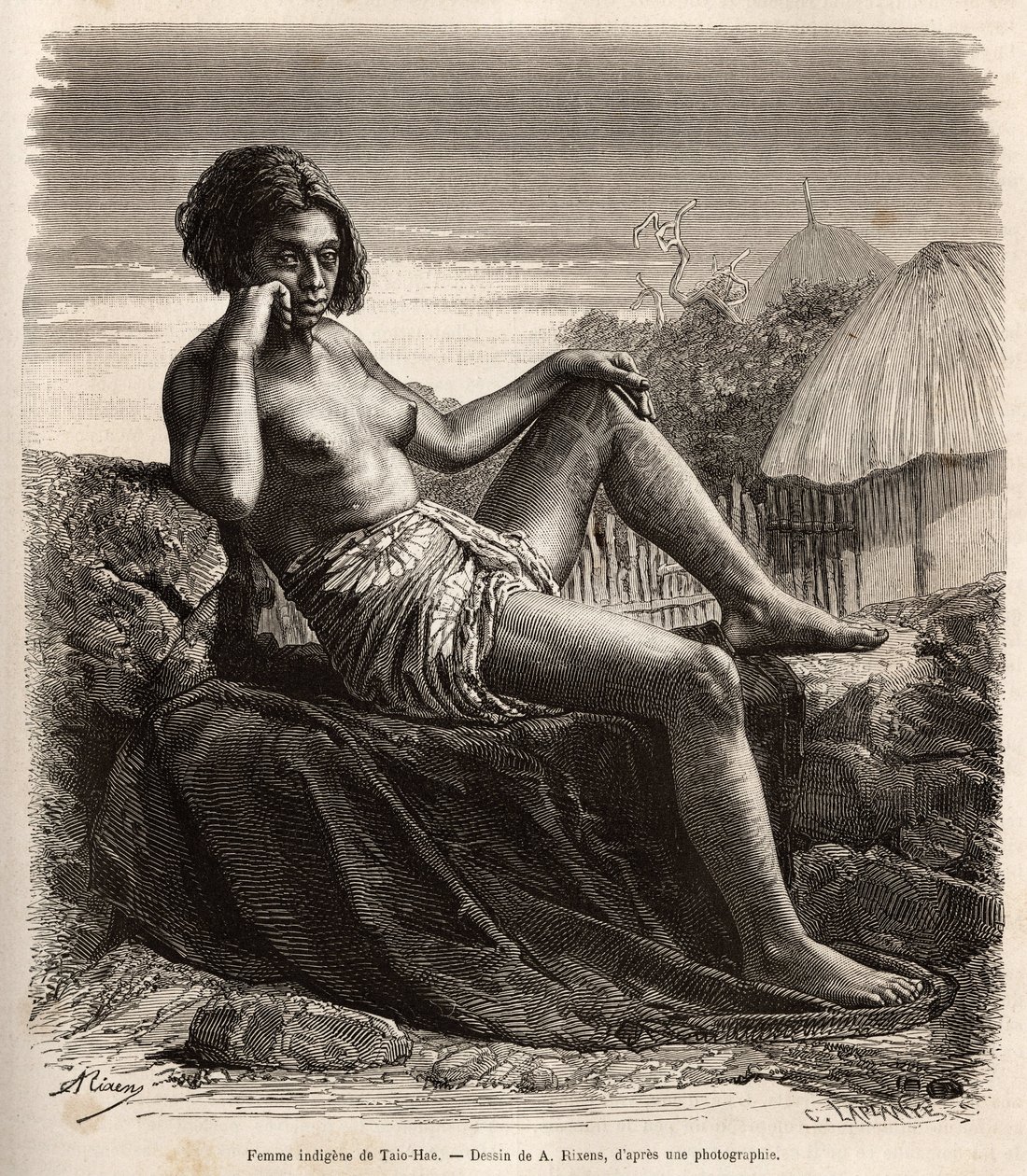 Infödd kvinna från Taio-Hae (eller Taio Hae), i markisernas skärgård, som nonchalant visar sina tatuerade ben, graverar efter en teckning av A.Rixens som illustrerar minnena från Stilla havet, 1872-1874, av A. Pailhes, ett skeppstecken, publicerat i ”Le t av Jean Andre Rixens