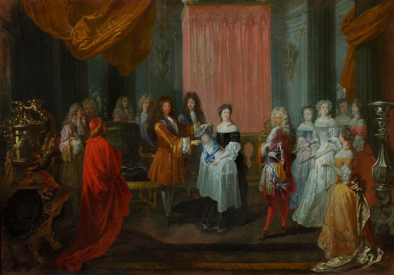 Ludvig XIV utnämner hertigen av Burgund, far till den blivande Ludvig XV, till riddare av Cordon Bleu-orden. av Jean-Antoine Watteau