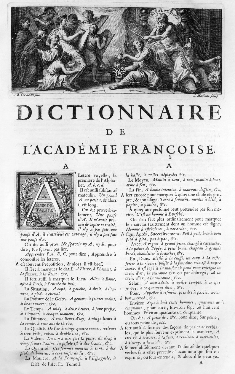 Frontispice för Franska Akademiens ordbok, graverad av Jean Mariette (1660-1742) av Jean Baptiste Corneille