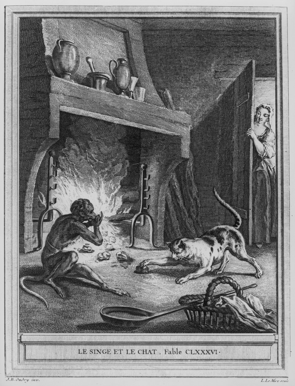 Apan och katten, illustration till "Fables" av Jean de La Fontaine (1621-95), graverad av Louis Le Mire (1736-57) av Jean Baptiste Oudry