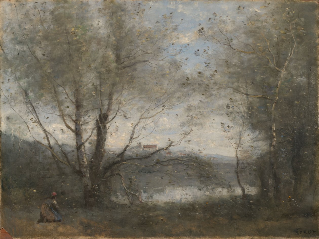 En damm sedd genom träden av Jean-Baptiste-Camille Corot