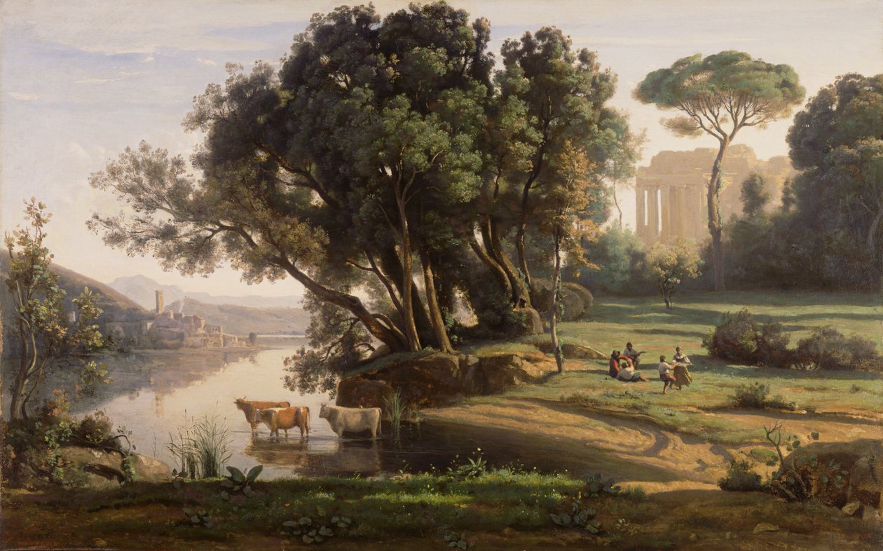 Italienskt landskap (plats i Italien, soluppgång) av Jean-Baptiste-Camille Corot