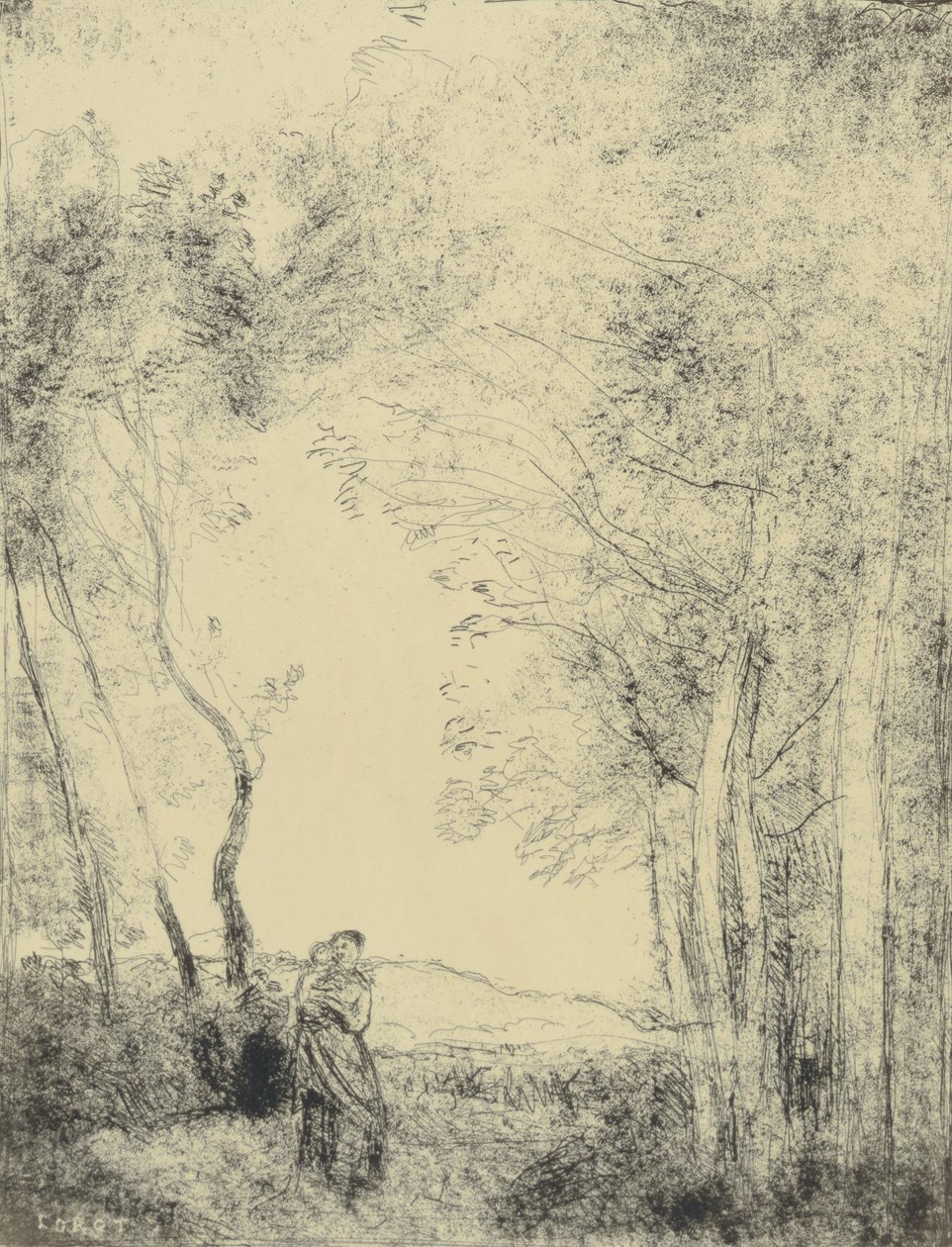 Ung mor vid ingången till en skog av Jean-Baptiste-Camille Corot