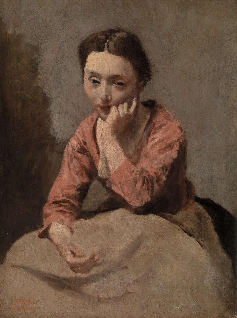 Eftertänksam ung kvinna (Jeune femme fundersam) av Jean-Baptiste-Camille Corot