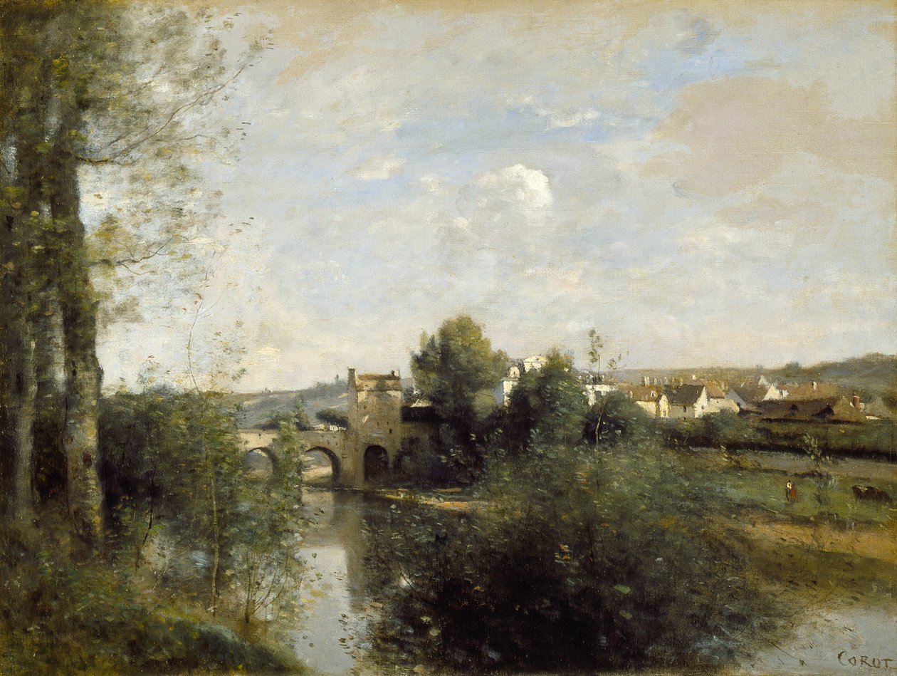 Seine och den gamla bron i Limay av Jean-Baptiste-Camille Corot