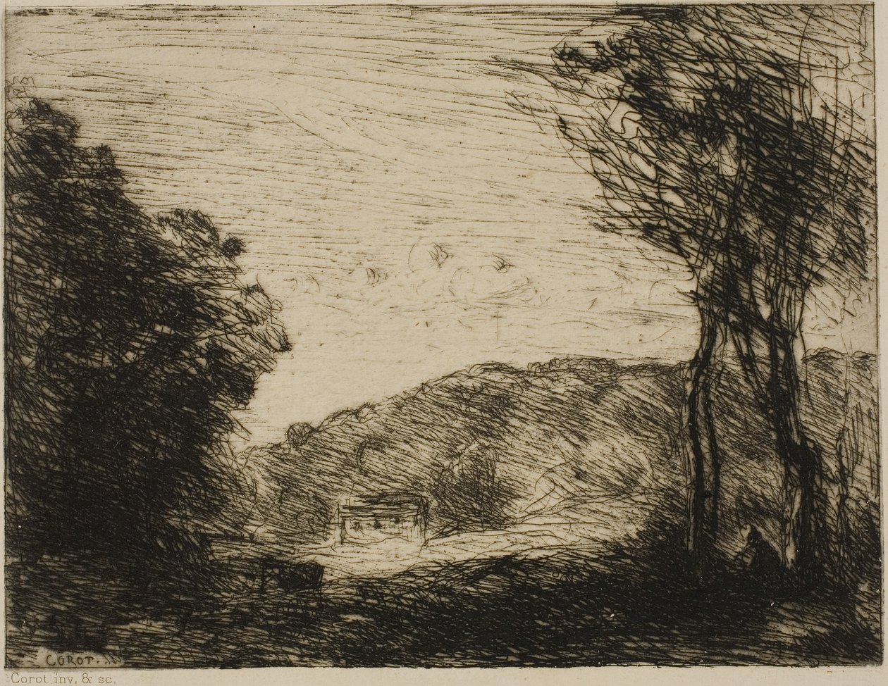 Skogbevuxen landsbygd av Jean-Baptiste-Camille Corot