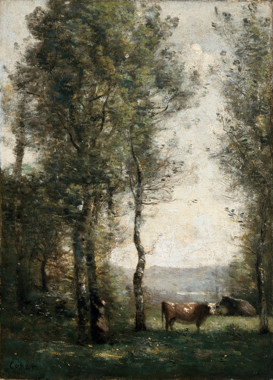 Wooded landscape with cows in a clearing av Jean-Baptiste-Camille Corot