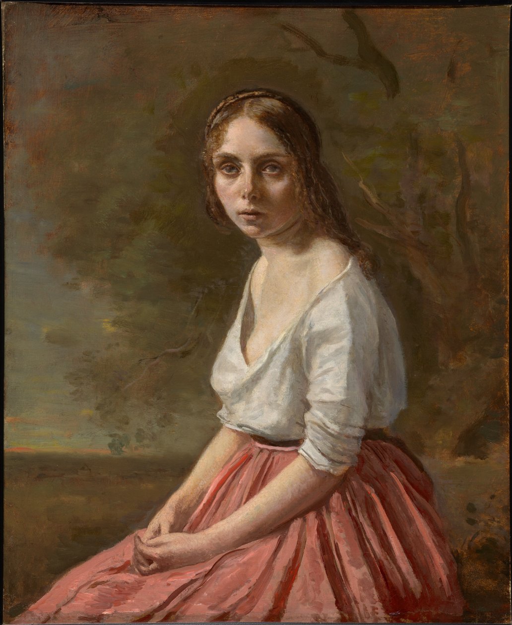 Ung kvinna i rosa kjol av Jean-Baptiste-Camille Corot
