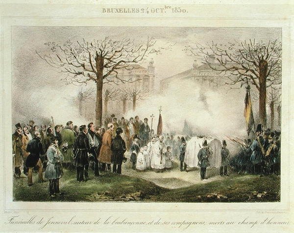 Begravningen av Louis-Alexandre Dechet (Jenneval) (1801-30) och hans följeslagare som dog på hedersfältet, 24 oktober 1830, graverad av Dewasme-Pletinckx av Jean Baptiste (after) Madou