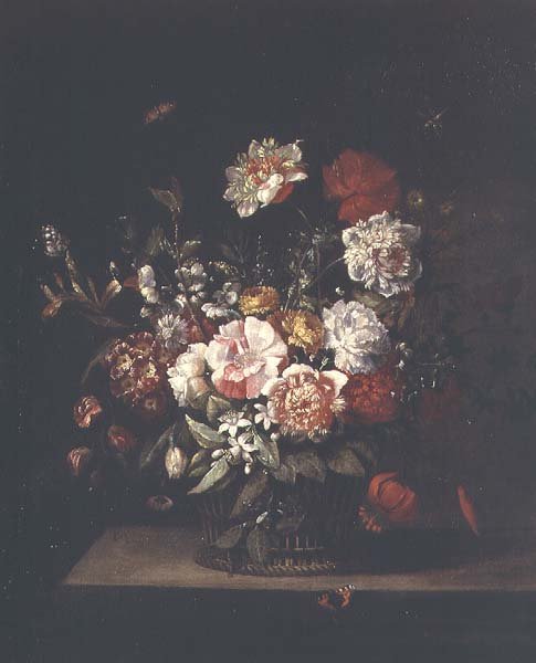 Blandade blommor i en flätad korg med malar, trollslända och röd amiral på en avsats av Jean Baptiste (follower of) Monnoyer
