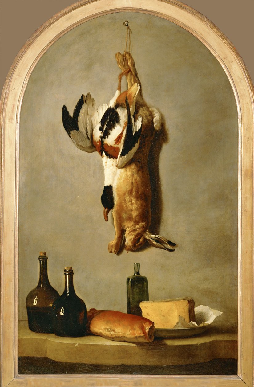 Stilleben med död hare, anka, flaskor, bröd och ost ... av Jean Baptiste (school of) Oudry