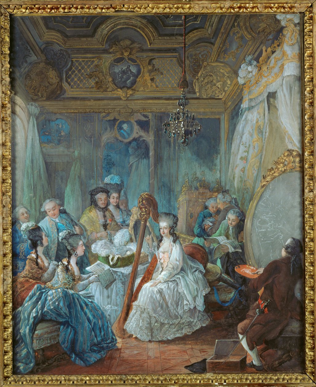 Marie-Antoinette i sina lägenheter i Versailles, omgiven av medlemmar av sitt hov ... av Jean-Baptiste Andre Gautier Dagoty