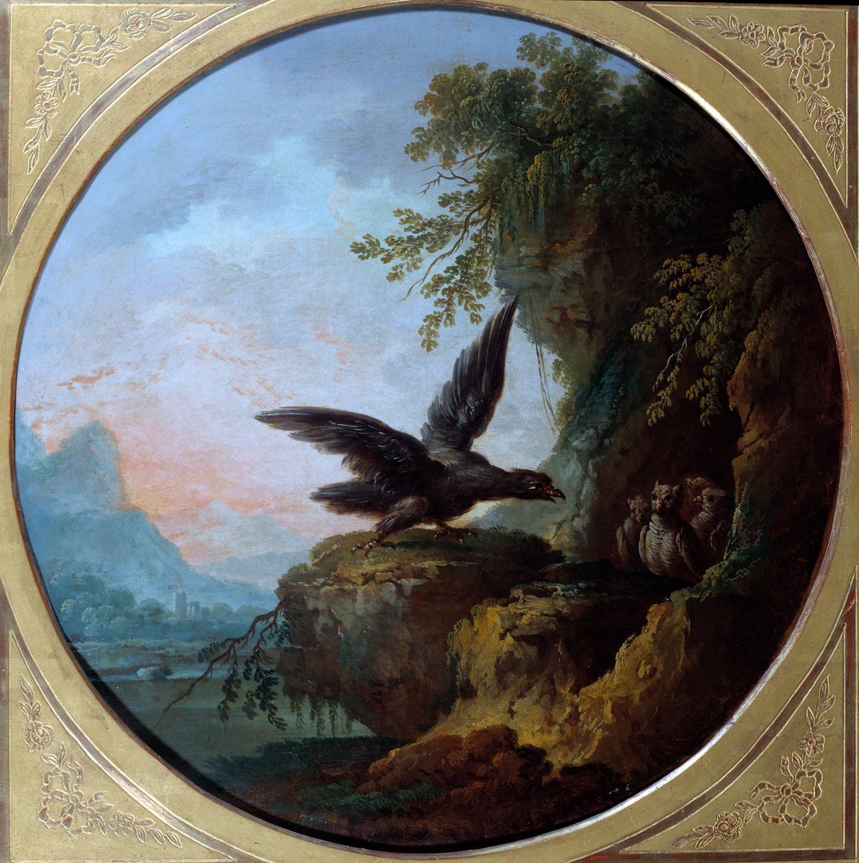 Örnen och ugglan. Illustration till fabeln av Jean de La Fontaine. Målning av Jean Baptiste Claudeot (1733-1805) av Jean Baptiste Claudot