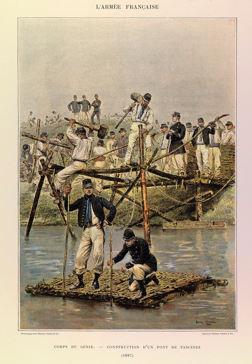 Typer och uniformer av kapten Jules Richards franska armé, illustrerad av Edouard Detaille (1848-1912): Corps de Genie; Byggandet av en faskinbro 1887, Privat samling av Jean-Baptiste Edouard Detaille