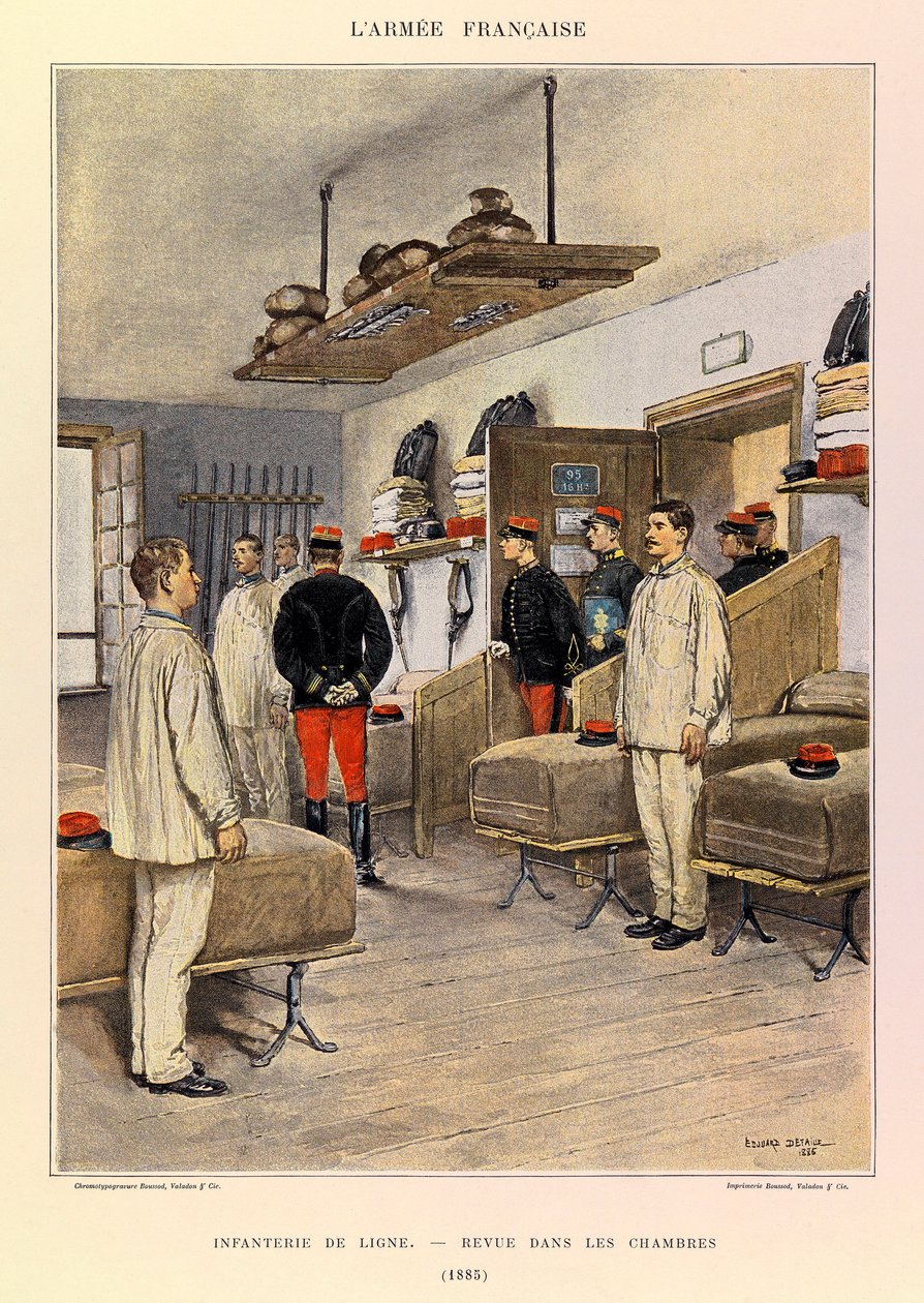 Typer och uniformer av kapten Jules Richards franska armé, illustrerad av Edouard Detaille (1848-1912): Linjeinfanteri: Revue dans les chambers en 1885, Privat samling av Jean Baptiste Edouard Detaille