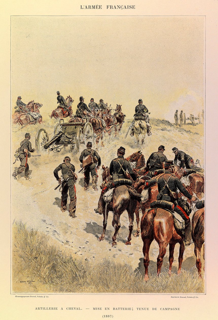 Typer och uniformer av kapten Jules Richards franska armé, illustrerad av Edouard Detaille (1848-1912): Artilleri till häst; Batterier; Fältklänning 1887, Privat samling av Jean Baptiste Edouard Detaille
