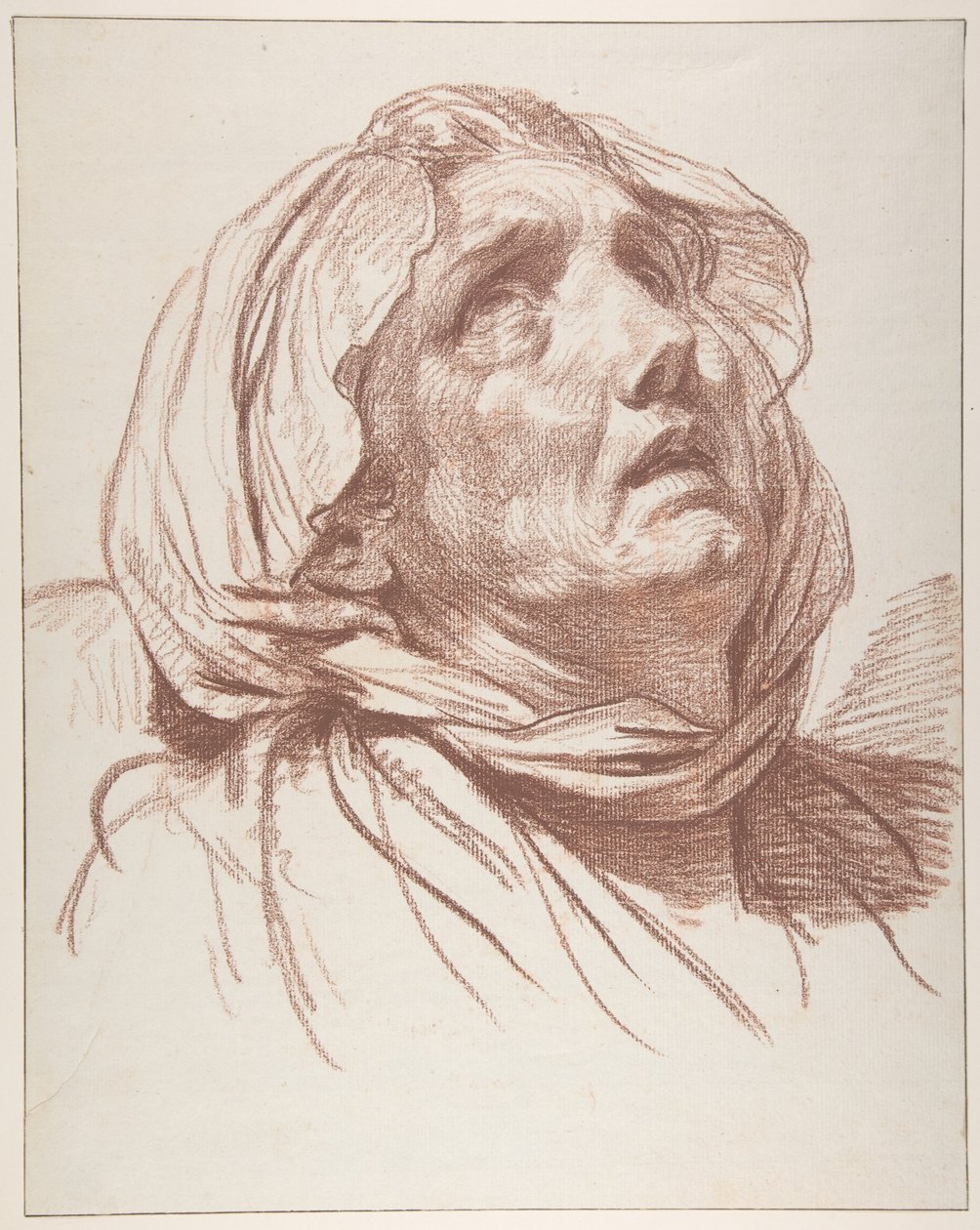 Huvud av en gammal kvinna som blickar uppåt av Jean-Baptiste Greuze