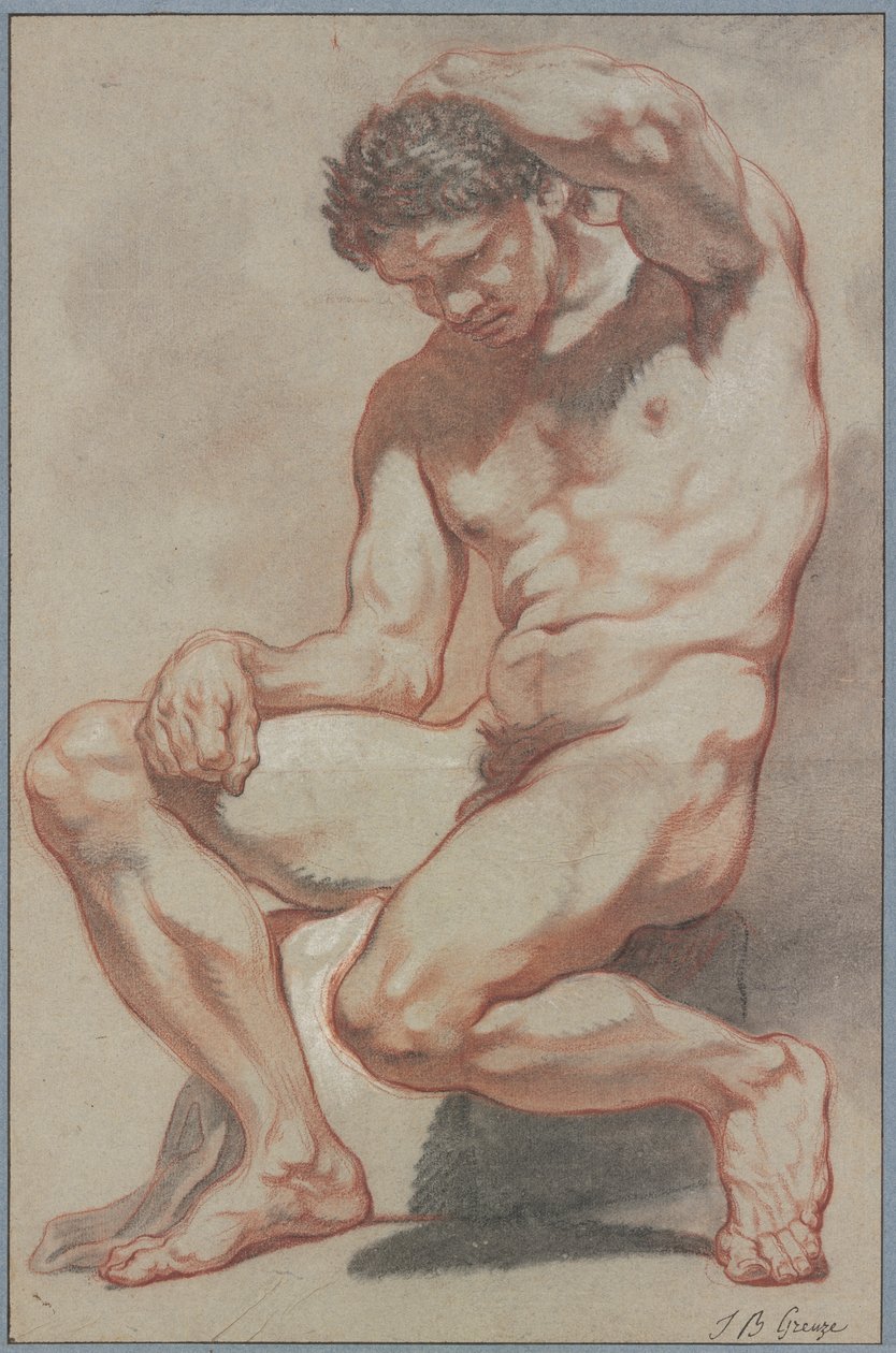 Sittande manlig nakenstudie av Jean-Baptiste Greuze