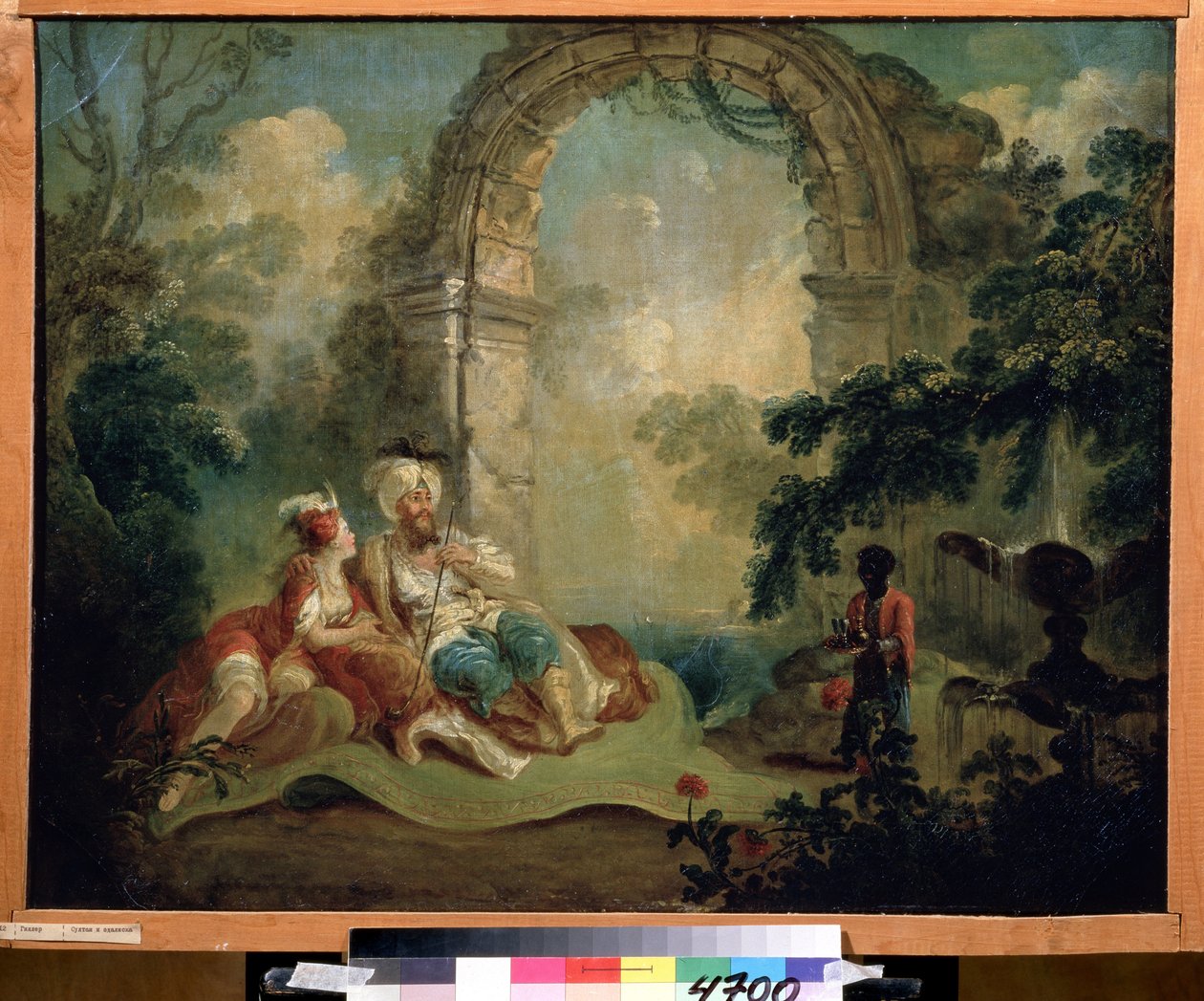 Orientalism: "Turkisk pasha och odalisque liggande på en matta, de betjänas av en svart tjänare" (turkisk pasha och odalisque) Målning av Jean Baptiste Hilaire (1753-cirka 1822) Pouchkine Museum, Moskva av Jean Baptiste Hilaire